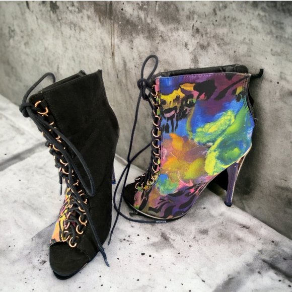 PRIVILEGED SHOES -- Peep Toe Booties/Ankle Boots, Dual Patterned, Rear Zip - Picture 1 of 12